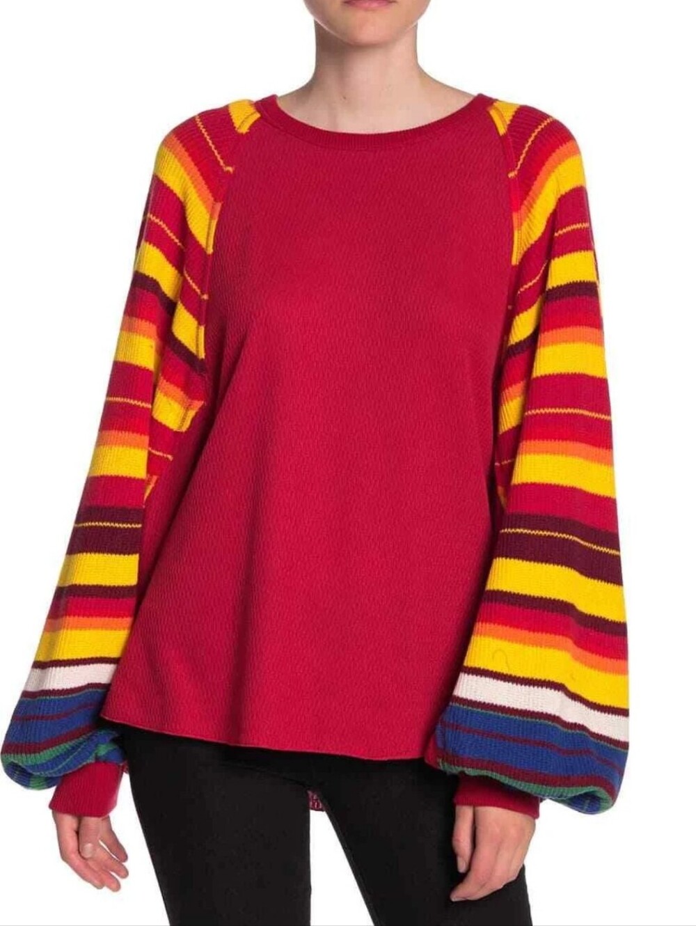 Red Striped Balloon Sleeve Sweater - Unbranded